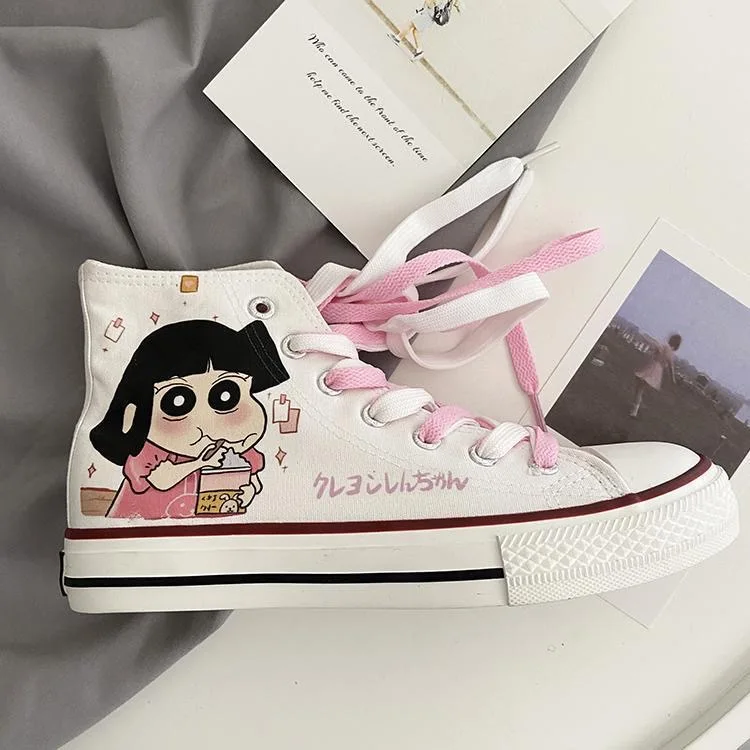 Crayon Shin chan high top canvas shoes hand-painted for male and female students, plus size casual shoes for couples board shoes