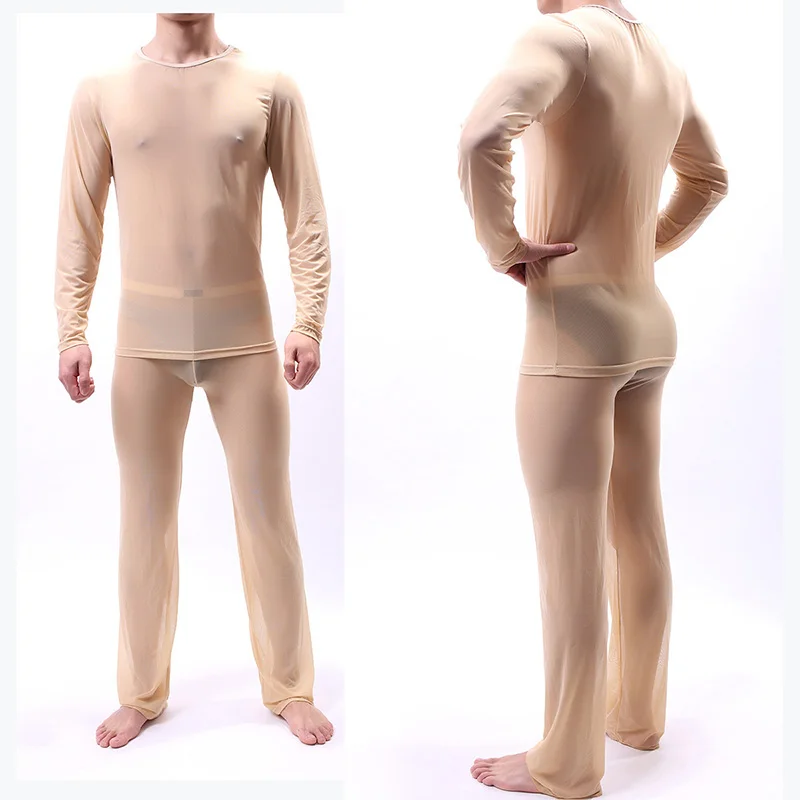 Ensemble de pyjama en maille transparente pour hommes, t-shirt sans couture, t-shirt fin et doux, manches longues, pantalon en Y, vêtements de nuit pour hommes, sexy, imbibé, 2 pièces