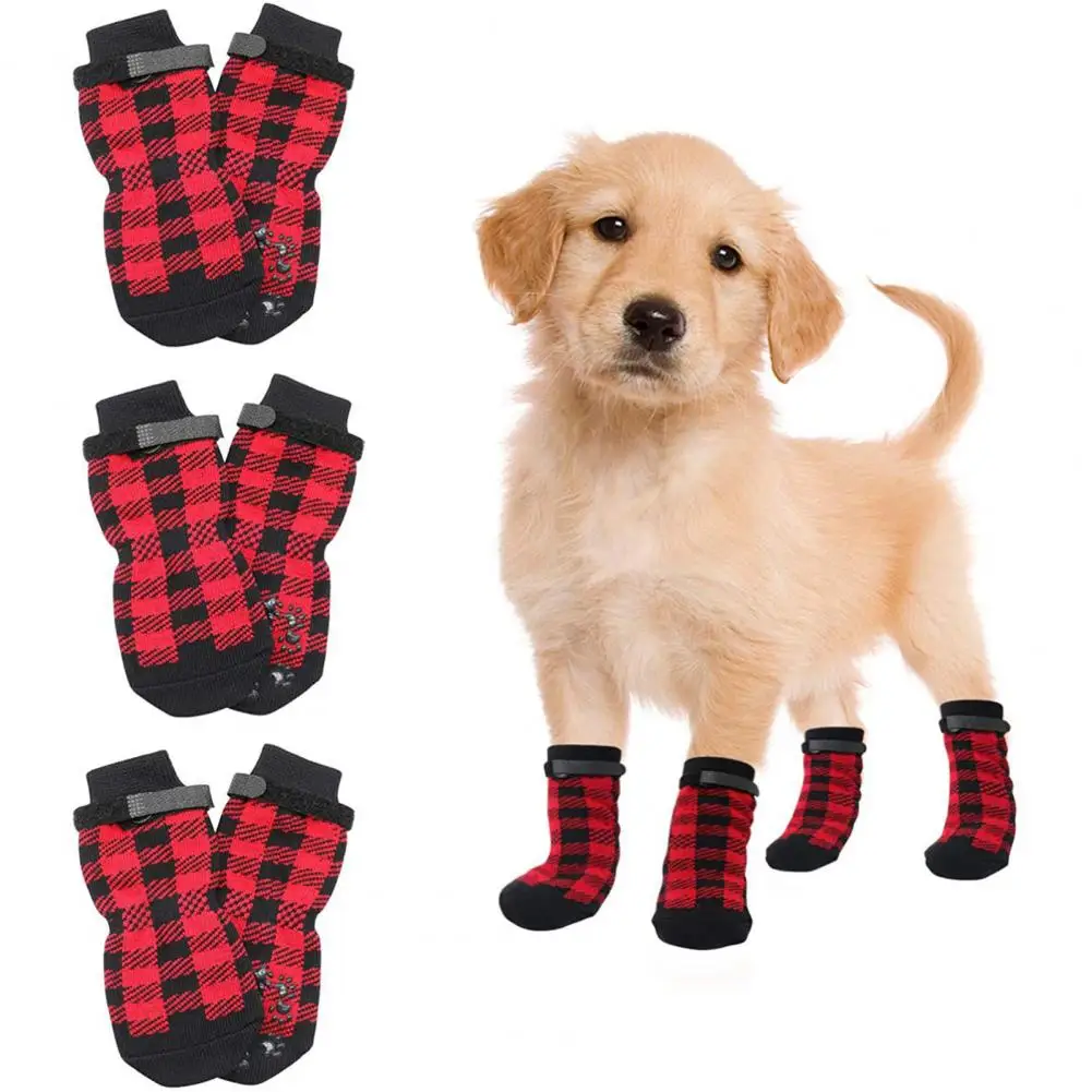 4Pcs Puppy Dog Socks Christmas Cute Plaid Non-Slip Breathable Cotton Medium Large Dogs Socks Paw Protector Pet Supplies