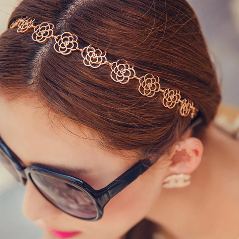 Fashion 1pc Golden Korean fashion retro Rose Flower Elastic Women Girls Hair Band Hollow Charming Headband Accessories