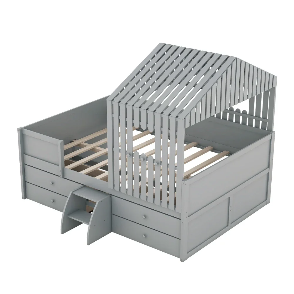 Lits en bois gris pour enfants, maison pleine taille, lit loft bas avec quatre entrées de proximité, lits superposés pour enfants, lits pour garçons, lit pour tout-petits, US