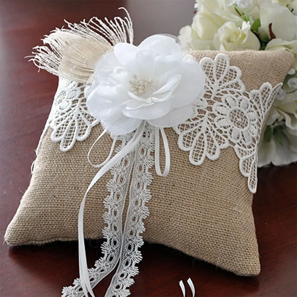 15*15cm 20*20cm 반지 무기명 베개 흰색 실크 황마 웨딩 용품 리본 Bowknot 반지 베개 행사 파티 장식