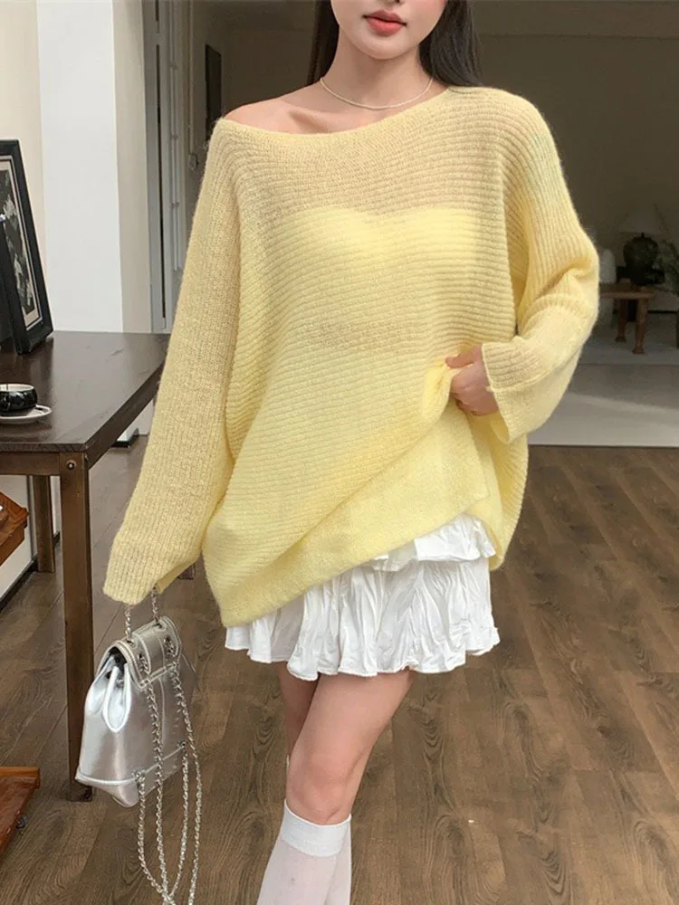 LANMREM Mohair Knitted Wool Sweater Women Slash Neck Solid Color Loose Thin Style Female Fashion Pullover Autumn New 2DA6812