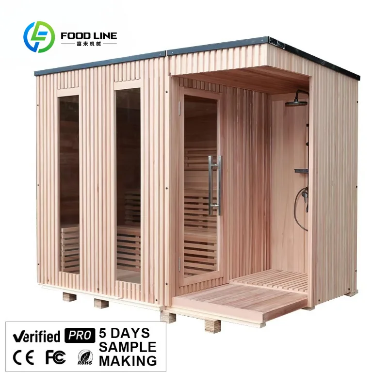 Customized Modern Design Red Cedar Outdoor Sauna Room with Comfortable Benches Shower Water-Resistant Roof for Home Villa Use