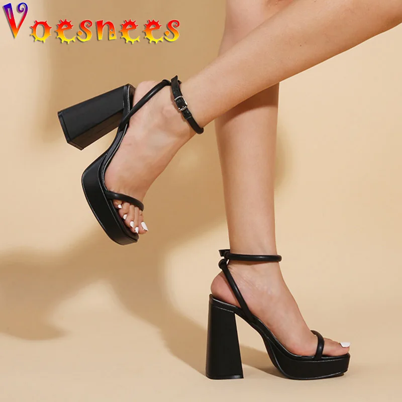 Fashion Narrow-band Sandals Women Square Heel Car Model Show Shoes Summer Waterproof Platform High Heels 11CM Black Ladies Pumps