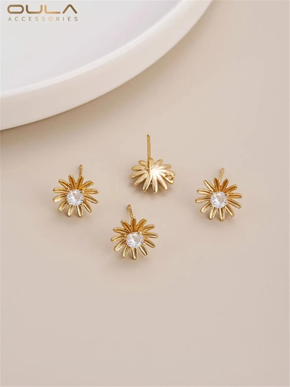 

14K Gold Encrusted Zircon Small Daisies with Pendant Ring Flower Earrings 925 Silver Needle Diy Handmade Earrings