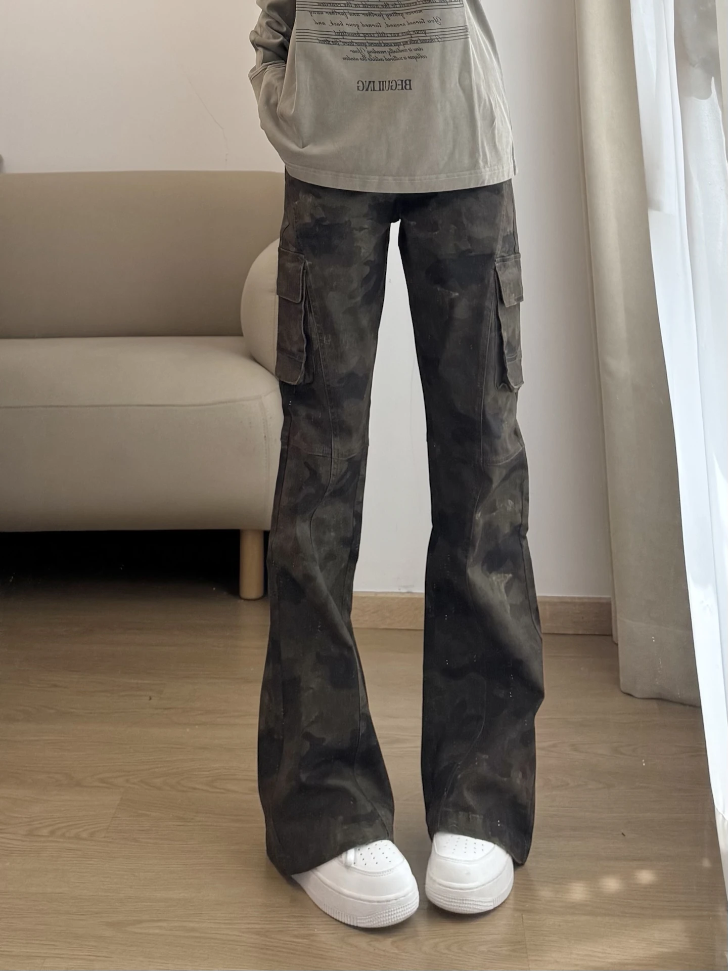 

American High Street Vibe Camouflage Workwear Pants Men's Straight Leg Slimming Lifted Jeans Bootcut Faionable Casual Trousers