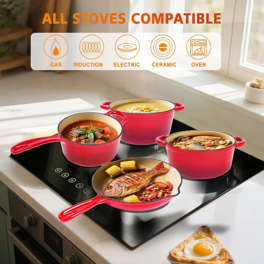 طقم أواني طهي من الحديد الزهر المطلي بالمينا مكون من 7 قطع للمطبخ المنزلي: أفران هولندية مقلاة مع أغطية بتصميم عالي التحمل مطلي بالسيراميك #3