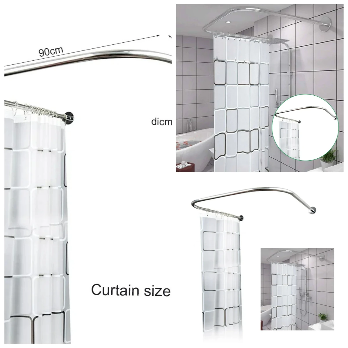 U-Shaped Adjustable Curved Flexible Stainless Steel Shower Curtain Rod, For Small Bathrooms & Bathtubs