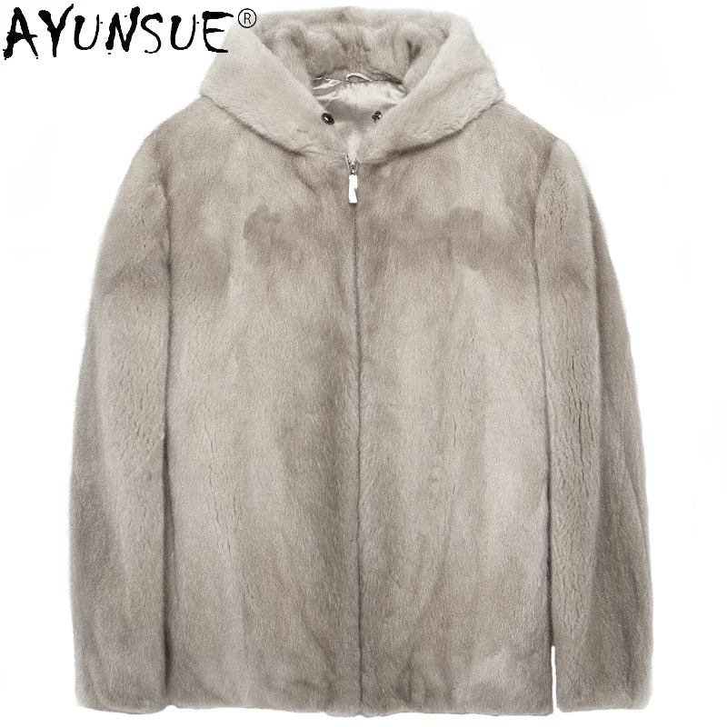 AYUNSUE New 2021 Winter Natural Mink Fur Jacket Men Warm Hooded Thick Coat Male Leather Coats Men's Clothes Chaquetas Hombre WPY