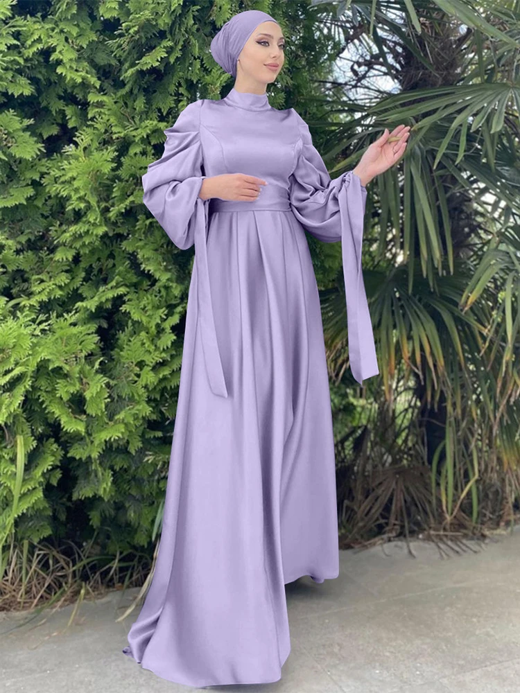 

Dubai Saudi Satin Evening Party Gown, Turkish Turtle Neck, Pleated Balloon Sleeve with Ribbon, Belted Dress with Scarf, Eid