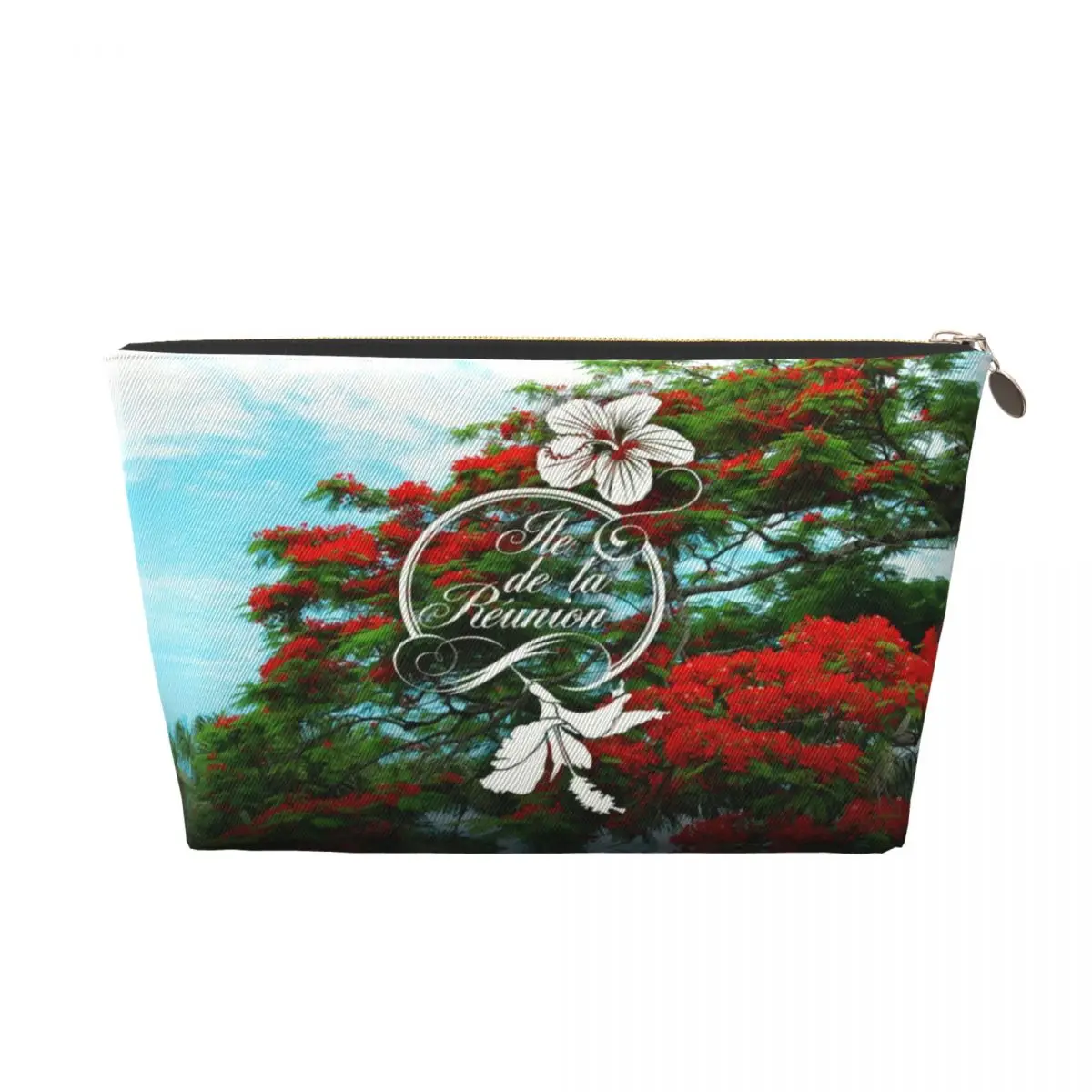 Custom 974 Reunion Island Flamboyant Hibiscus Travel Cosmetic Bag  Flowers Pattern Makeup Toiletry Organizer Beauty Storage