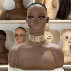 Black Skin PVC Female Mannequin Head with Shoulder Dummy Head for Wigs and Necklace Display Makeup Model