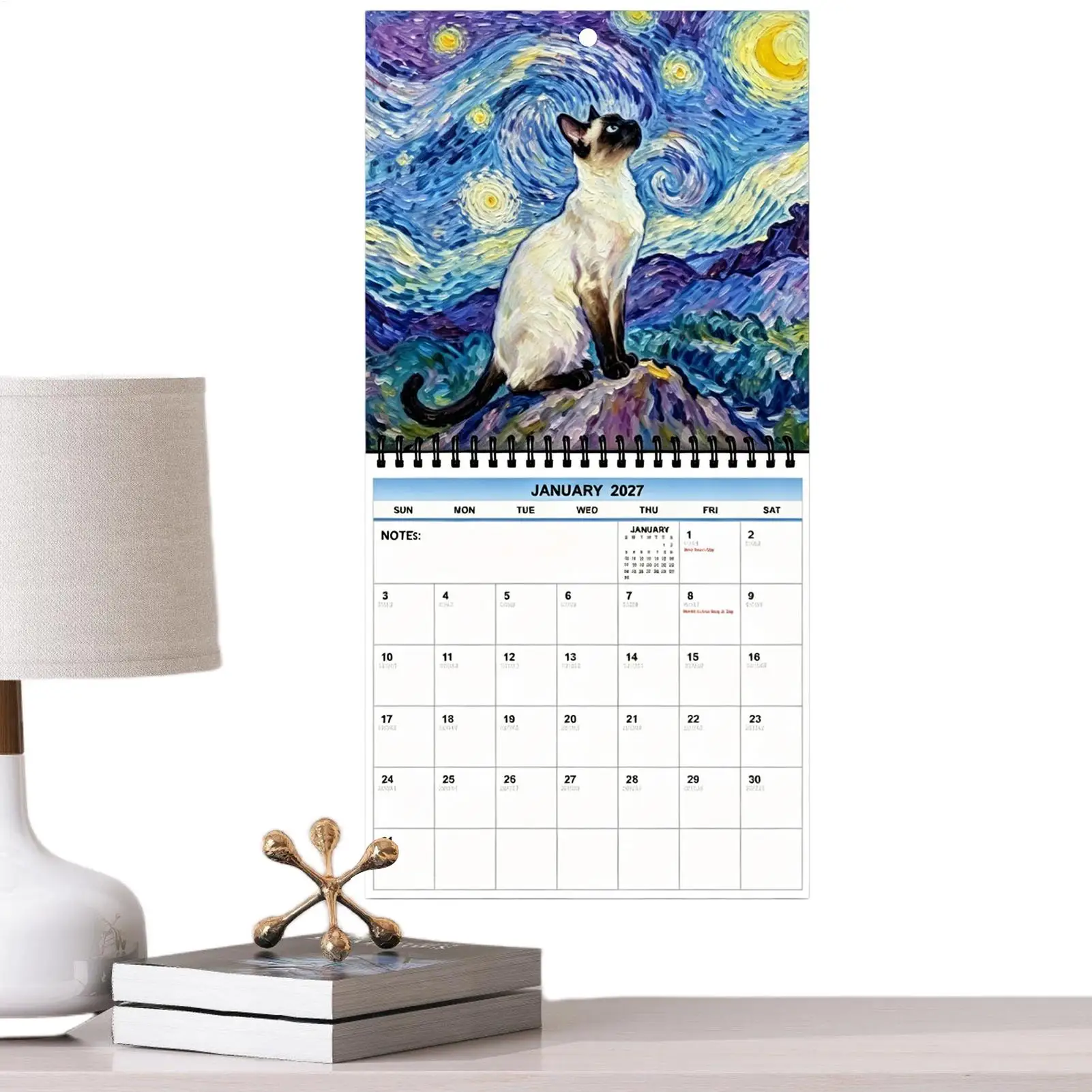 Cat Calendar 2027 Coil Binding Artistic Painting Style Wall Planner Screaming Feline Illustrated Monthly Schedule for Office