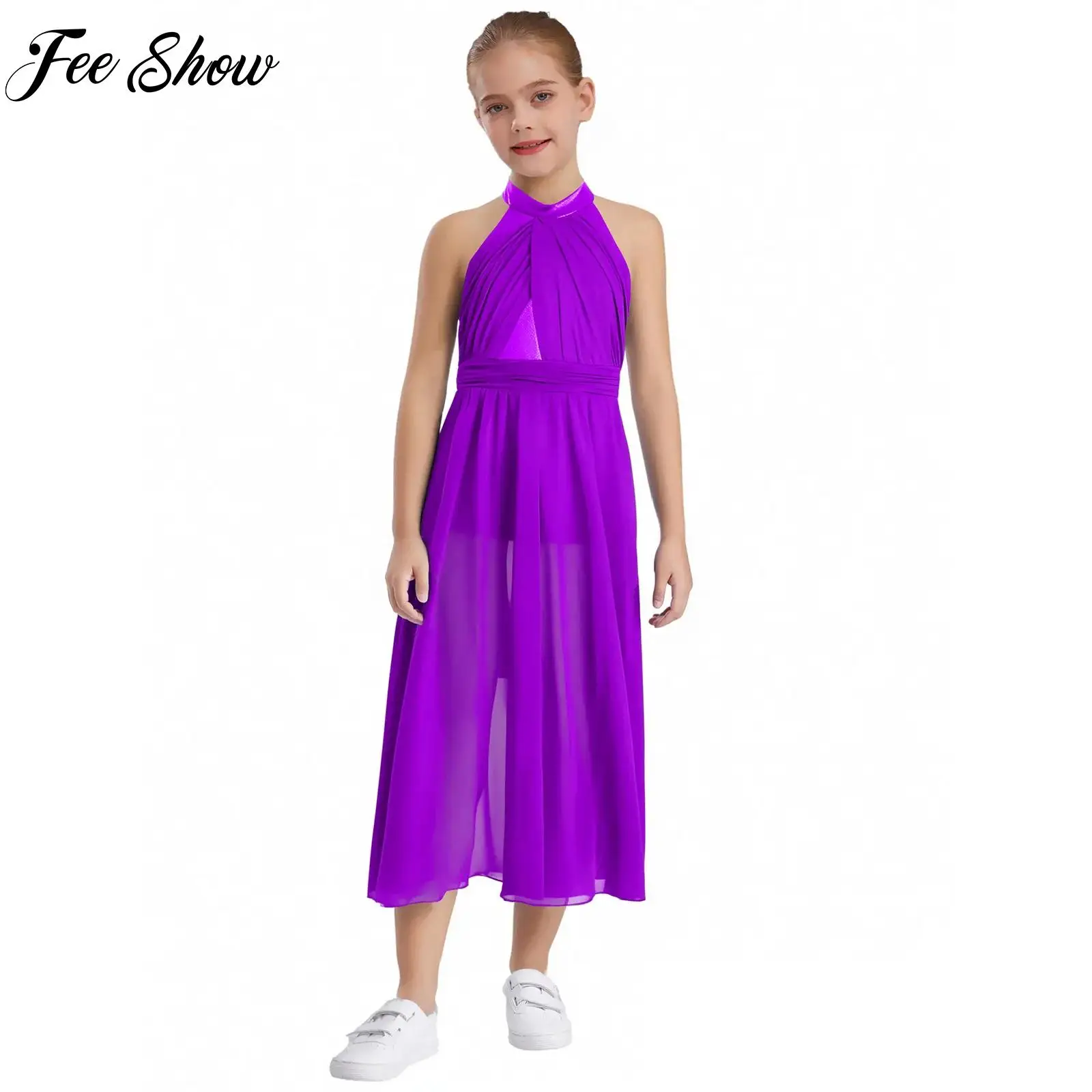 

Purple Kids Girls Lyrical Ice Skating Dress Sleeveless Split Chiffon Skating Contemporary Dance Dress Soft Leotard Dancewear