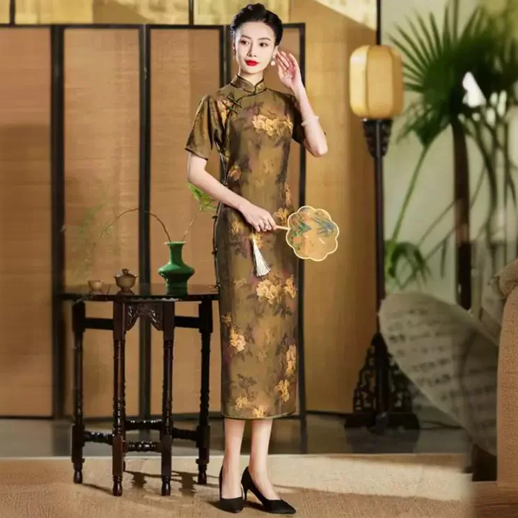 Retro Full Cardigan Cheongsam 2024 New Summer Women's Daily Ancient Style without Saving Chinese Dress Long