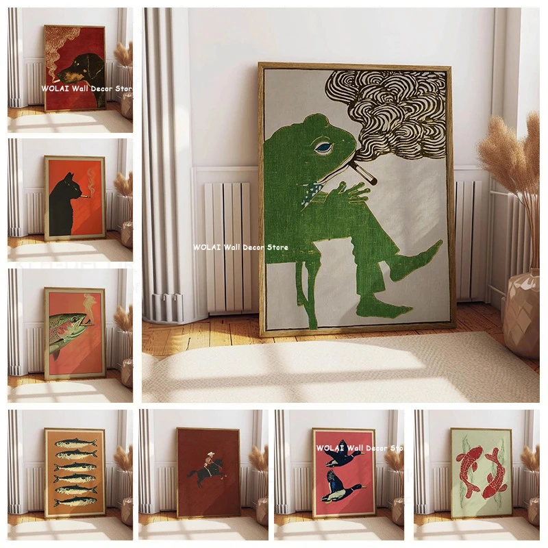 Retro Frog Smoking Cigarette Canvas Print Funny Black Cat Tiger Horse Animal Wall Art Poster for Bar Cart Kitchen Home Decor