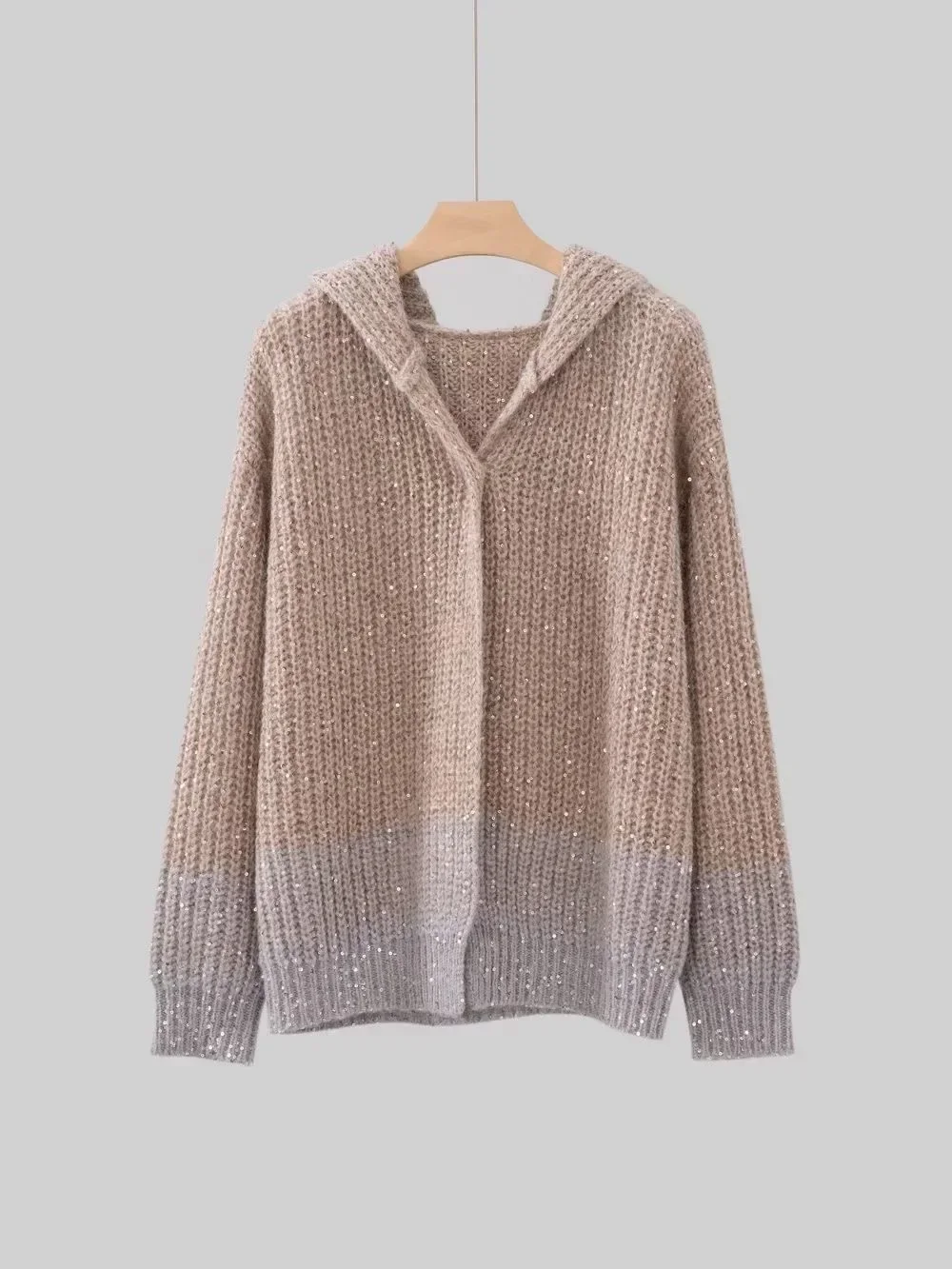 Luxury Sequins Gradient Mohair Hooded Long Sleeve Loose Knitted Cardigan Coat Women Sweater Mujer Knitted Cardigan Feminino