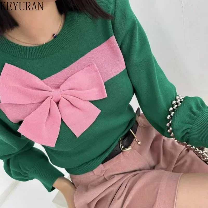 2024 Autumn Winter New Sweet Big Bow Knitted Pullover Sweater Women Korean Chic O-neck Long Sleeve Sweaters Jumper Knitwear Tops