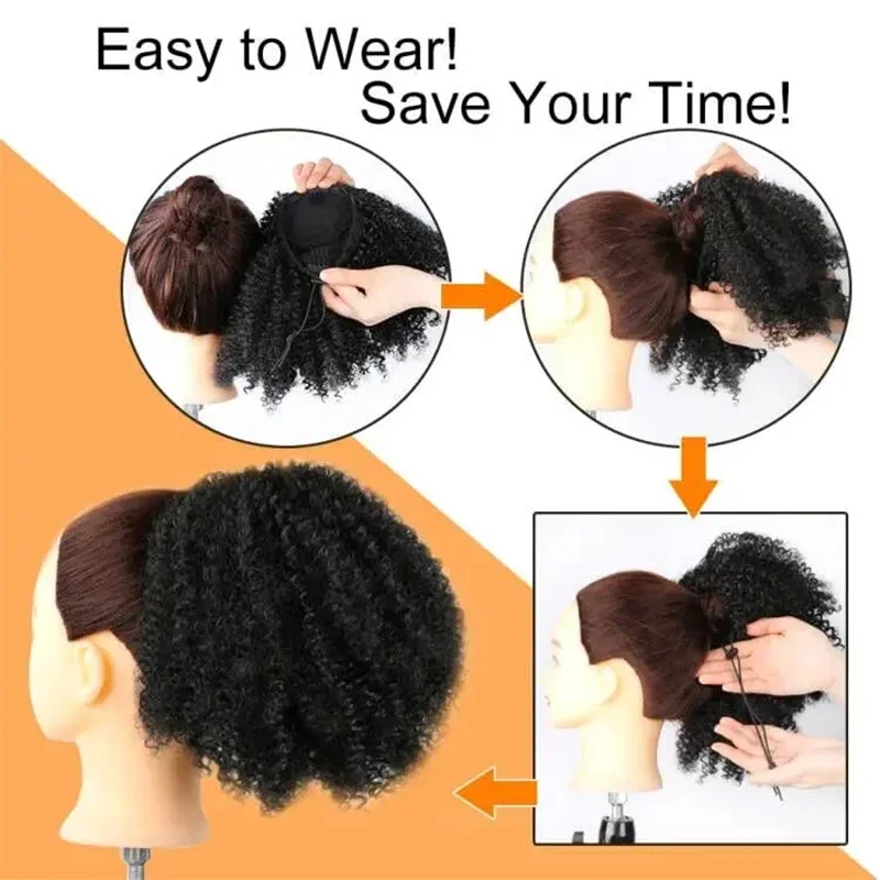 Ekstensi rambut ekor kuda keriting ikal pendek sintetis Afro halus keriting tali serut rambut palsu Natural ekor kuda