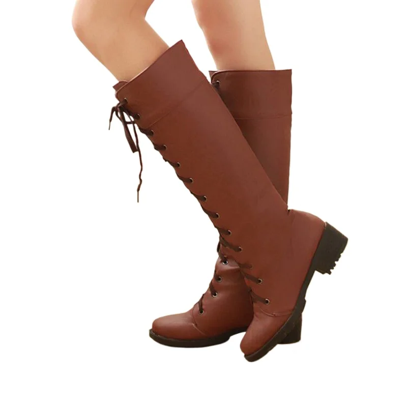 Knee High Boots Women Fashion Round Toe Thick Heels Lace Up White Black Brown Long  Motorcycle Boots Shoes Plus Size 43 44 886-3