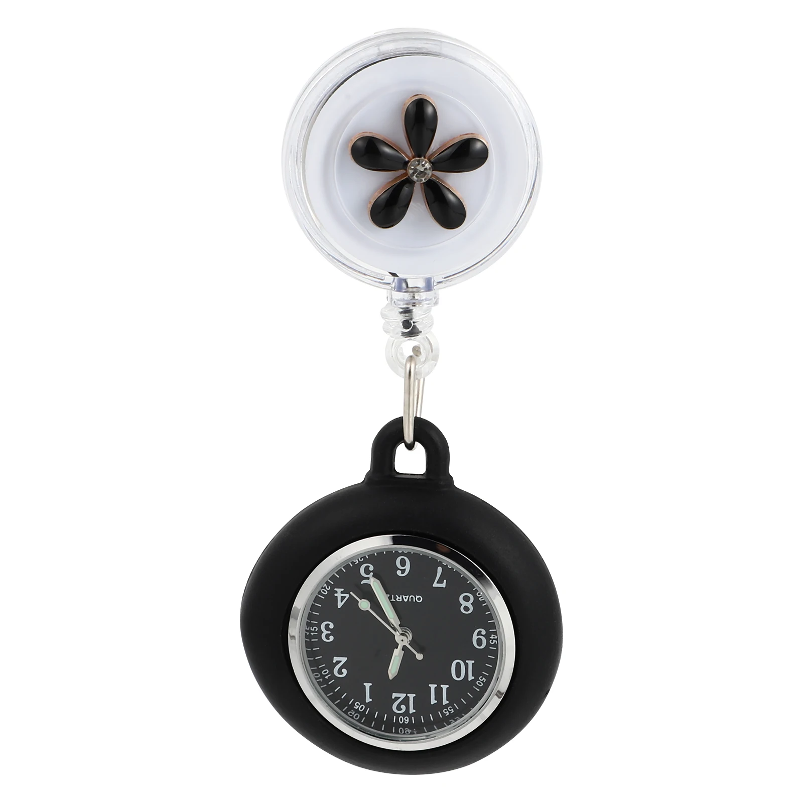 

Retractable Chest Pocket Watch Quartz Alloy Flower Pattern Student Nurse Black Kids Classic Retro Design Time Display Gift