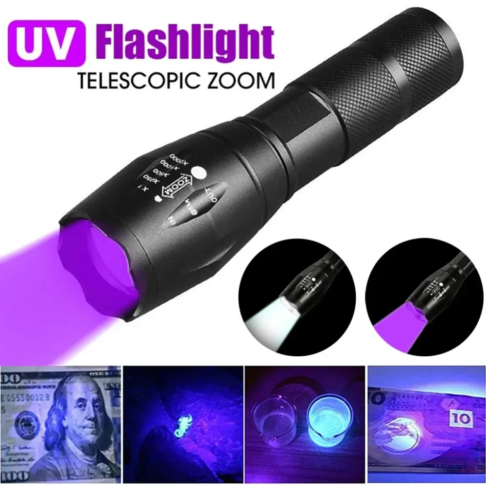 Ultraviolet White Double Lamp Flashlight LED Retractable Zoom Flashlight Pet Urine Scorpions Detection Lamp Currency Check Light