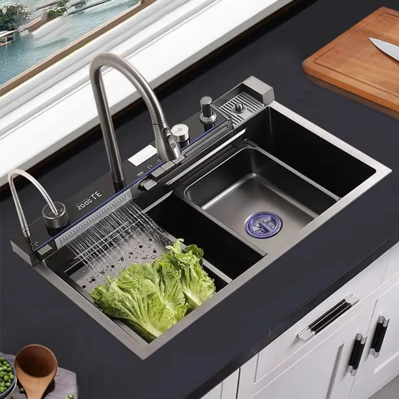 New Stainless Steel Smart LED Large Household Multifunctional Kitchen Sink Multifunctional Faucet Digital Kitchen Sink
