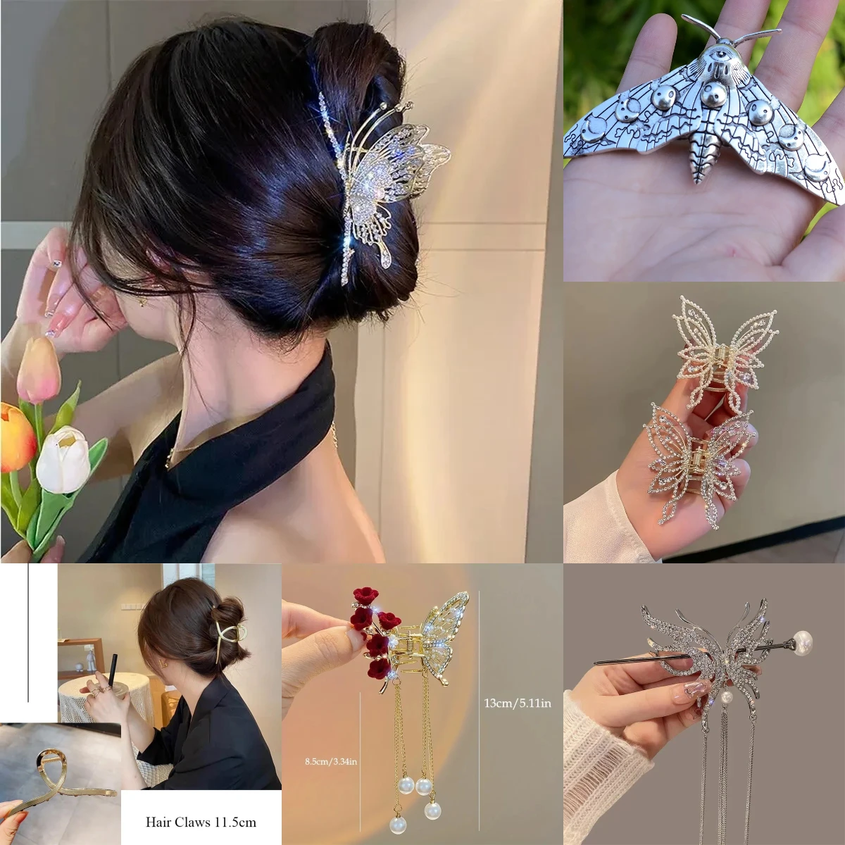 Metal hair accessories with diamond, butterfly, large grip clip, shark clip on the back of the head, circular hairpin headband