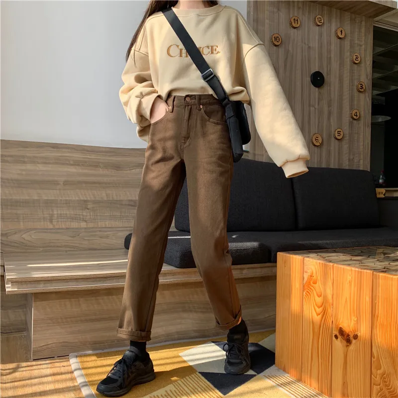 Korean Style Jeans Brown Women\'s New Niche Loose Jeans with Wide Legs for Straight High-Waisted Fashion Pants