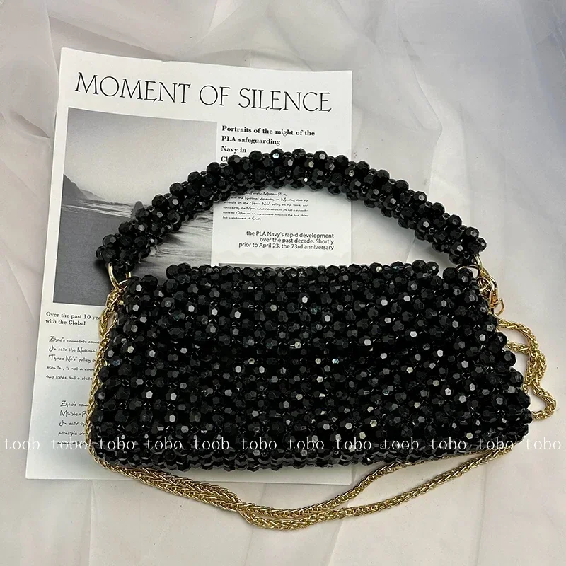 Black High Sense Underarm Bags Handmade Beaded Woven Metal Chain Flap Hand Bags Original Pillow Shape Bags Luxury Handbags