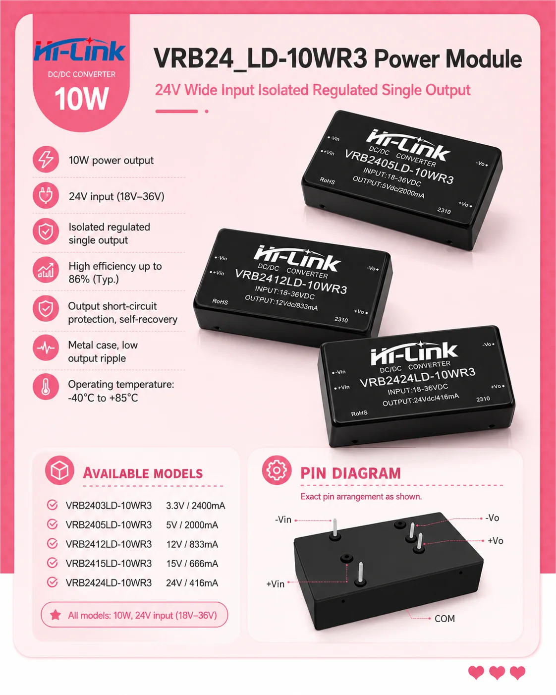 Hi-Link Metal DIP Housing 10W Compact Metal Cube VRB2412LD VRB2424LD Low Ripple Isolated Stabilized Voltage Output Assembly