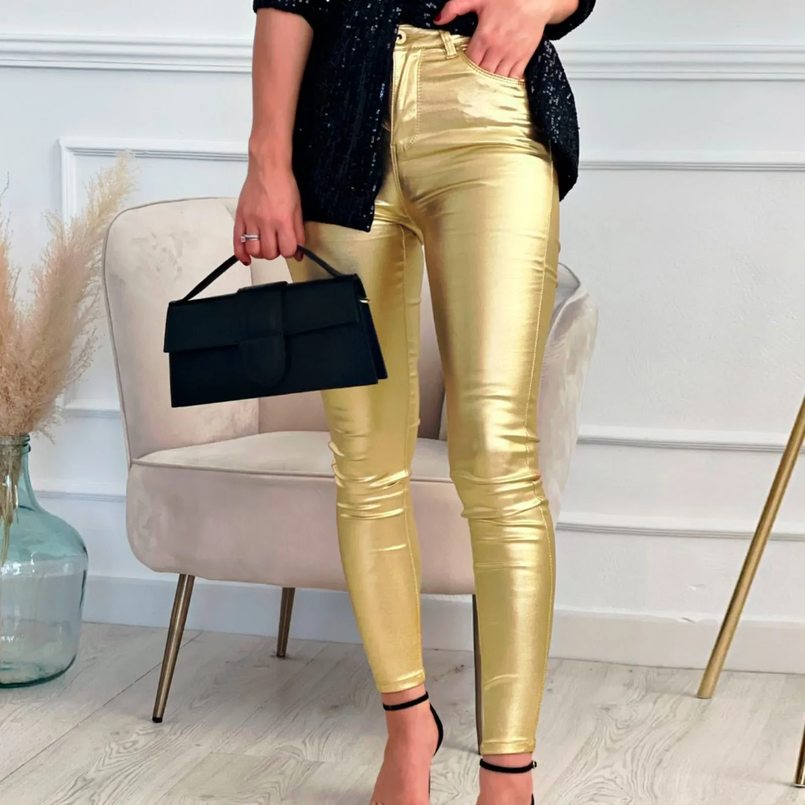 Women Leggings Faux Leather Pants Autumn Winter Gold Silver Fashion Lady Trousers Sexy Skinny Tight Pocket Button Female Pants