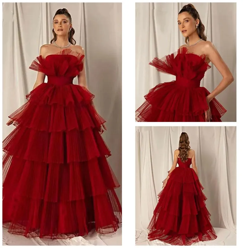 Aleeshuo Red A-Line Long Prom Dress Sleeveless Tulle Strapless Prom Gown Tiered Pleat Party Dress فستان سهرة Vestido De Novia