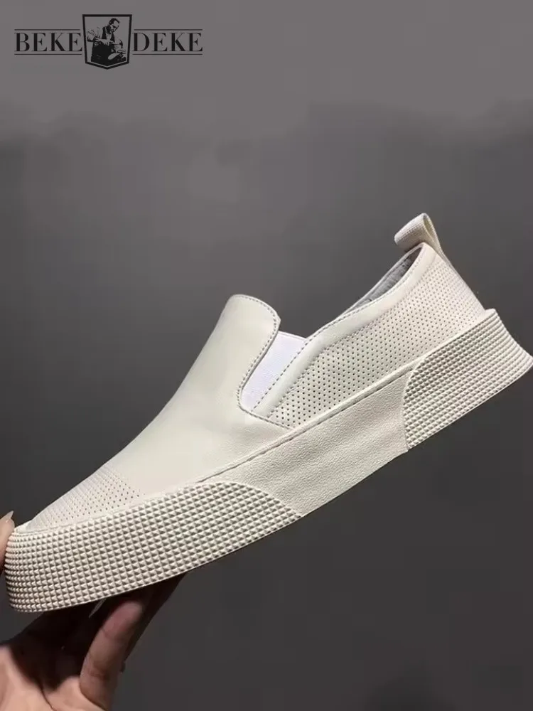 

Мужские летние дышащие туфли для скейтборда из натуральной кожи, лоферы без шнуровки на толстой платформе, повседневные кроссовки с низким вырезом