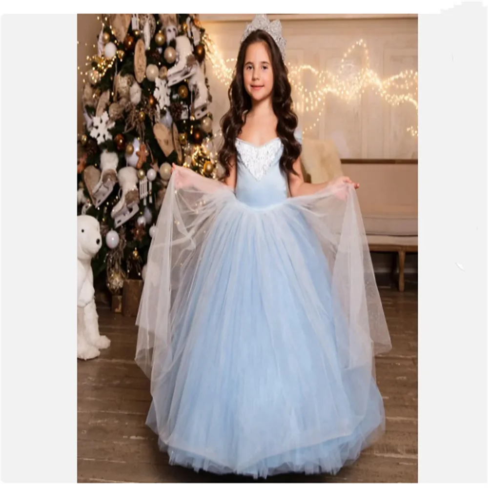 Flower Girl  Dress up Cosplay Costumes Kids Puff Sleeve Blue Clothes Child Christmas Birthday Princess Dresses