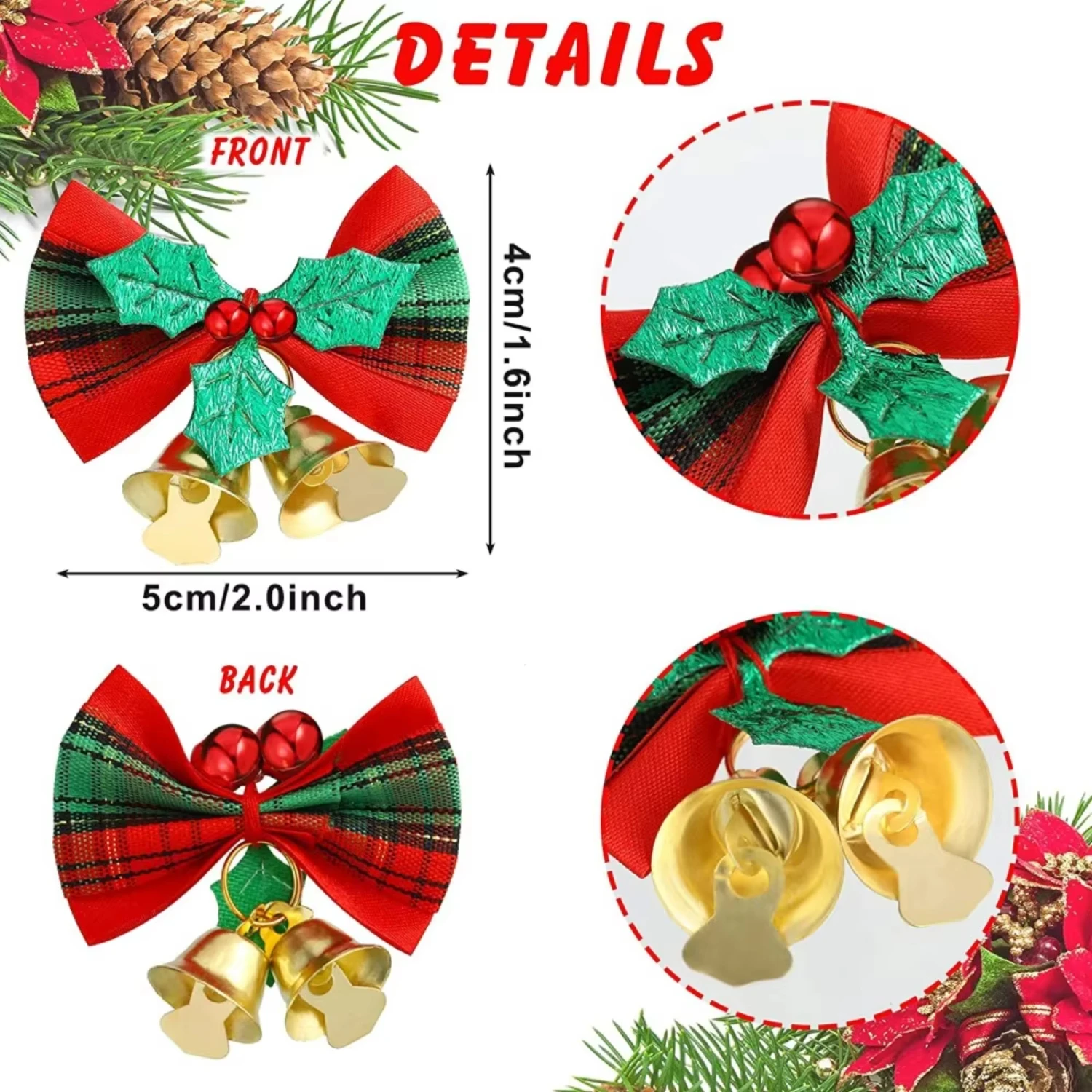 100pcs  Factory wholesale Christmas Bows with Bells Gold Plaid Christmas Tree Decorations Garland Decoration Accessories