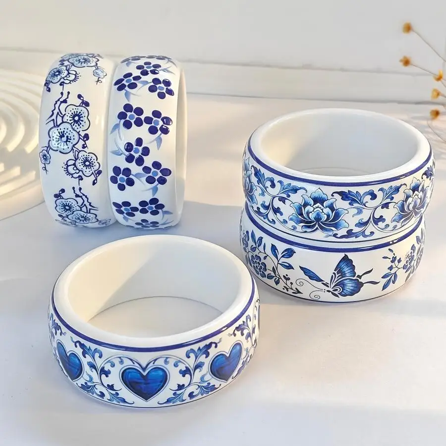 1/5/10/20/50/100pcs Women'S Wide Thick Qinghua Porcelain Printed Resin Bangle, Chinese Style Floral Butterfly Heart Pattern Glos