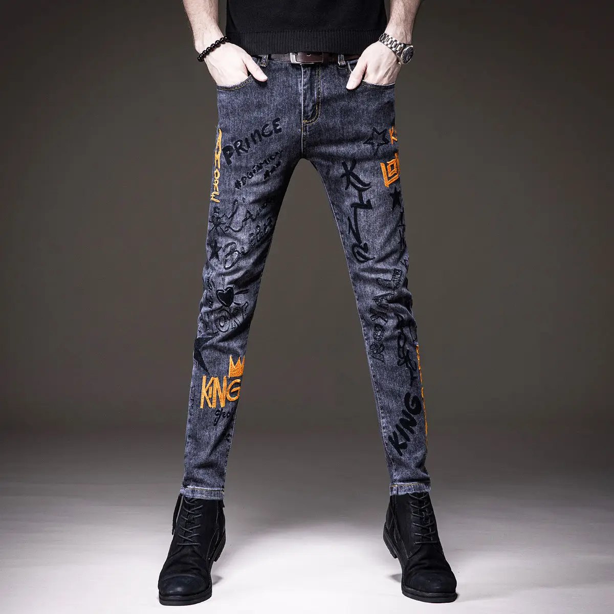 Men’s Light Luxury Street Fashion Embroidery Jeans,Slim-fit Korea Version Stretch Denim Pants,Trendy Casual Jeans Pants;