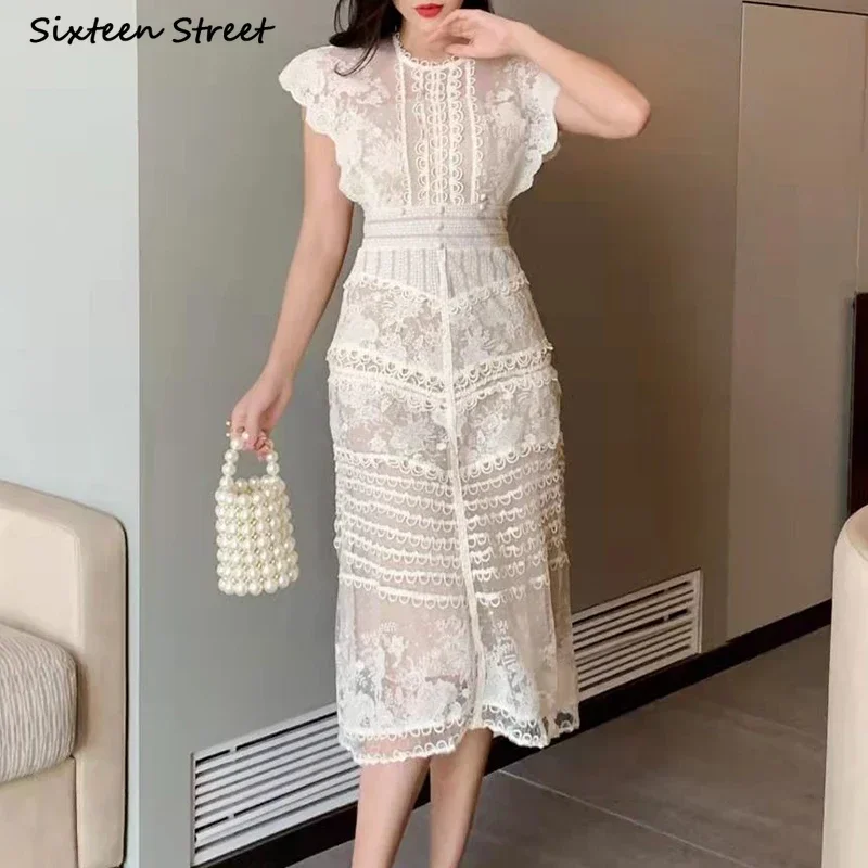 Vintage Lace Dress Women O-neck High Waisted Elegant Embroidery Flora Bodycon Dress Female Party Patchwork Runway Clothing
