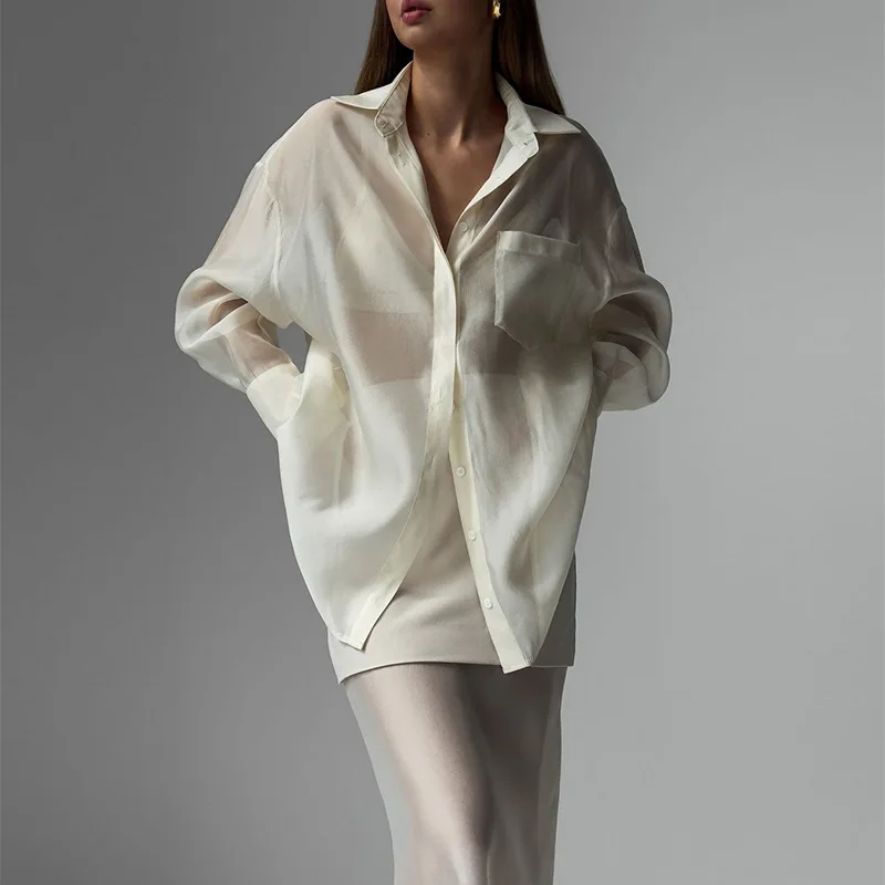 

2026 Autumn New Fashion American Women's Clothing Silk Mesh Lapel Long-sleeved Shirt High-waisted Patchwork Skirt Two-piece Set