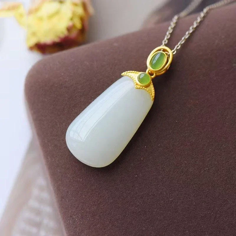 New design original natural Hetian white jade pendant necklace Chinese style retro unique ancient gold craft silver jewelry