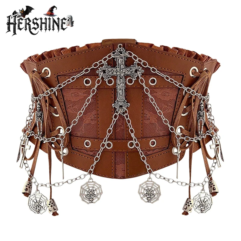 HERSHINE Women's Brown Vintage Cross Chain Elastic Wide Waist Belt, Y2K Gothic Harajuku Punk Rock Hip Hop Style，spring，summer