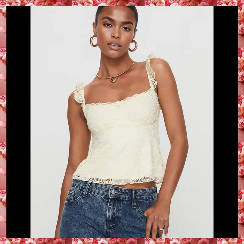 المرأة الدانتيل بيبي دول تانك الأعلى كاب الأكمام انظر من خلال Y2k الصيف الخروج المحاصيل القمم