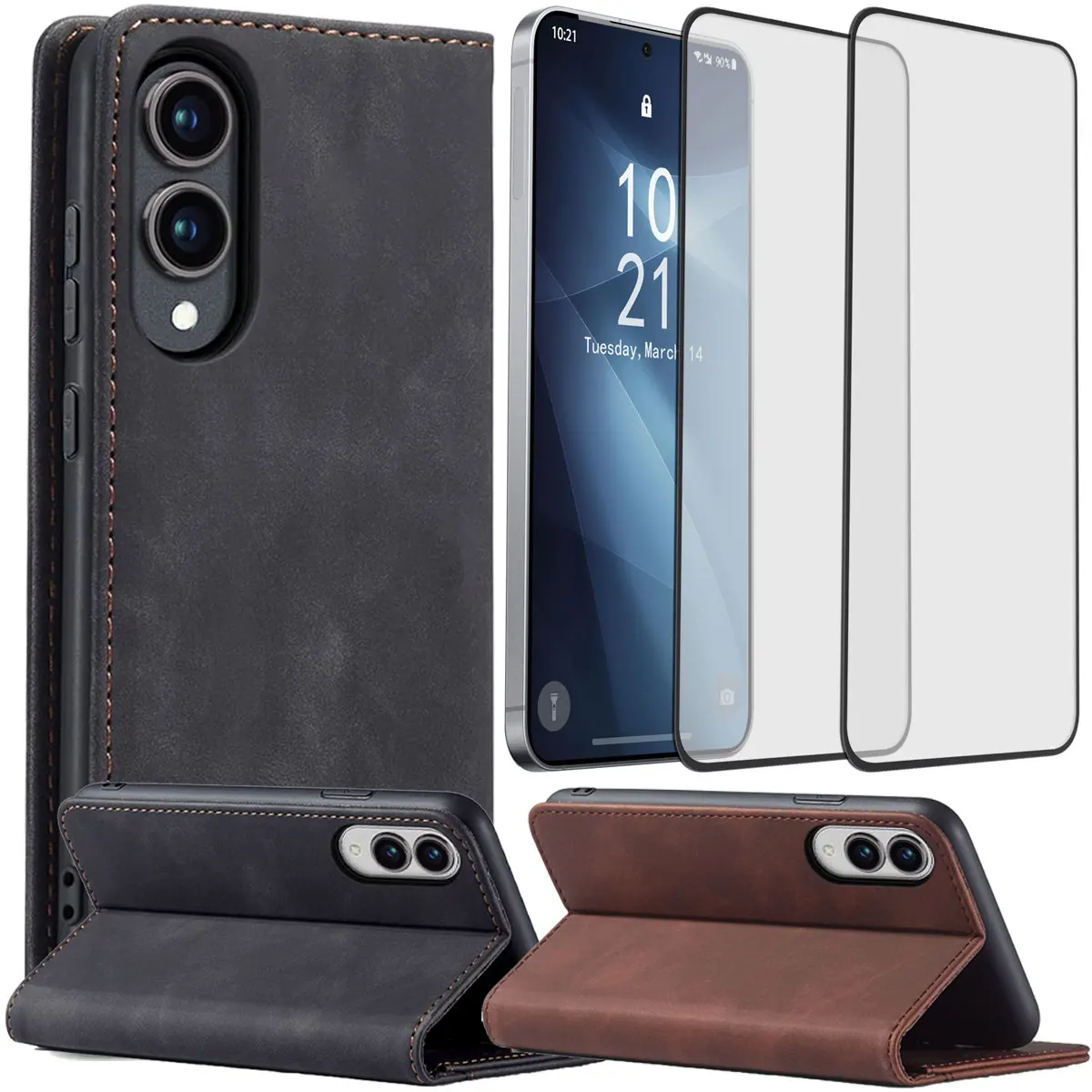 

Для Samsung Galaxy S25/Plus/Edge 5G чехол из искусственной кожи с откидной крышкой-подставкой и 2 шт., защитные пленки из закаленного стекла с полным покрытием