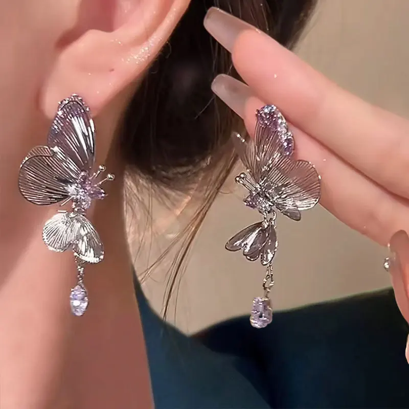 Exquisite Purple Zircon Hollow Butterfly Earrings For Women Fashion Butterfly Tassel Pendant Earrings Party Jewelry Girl Gifts