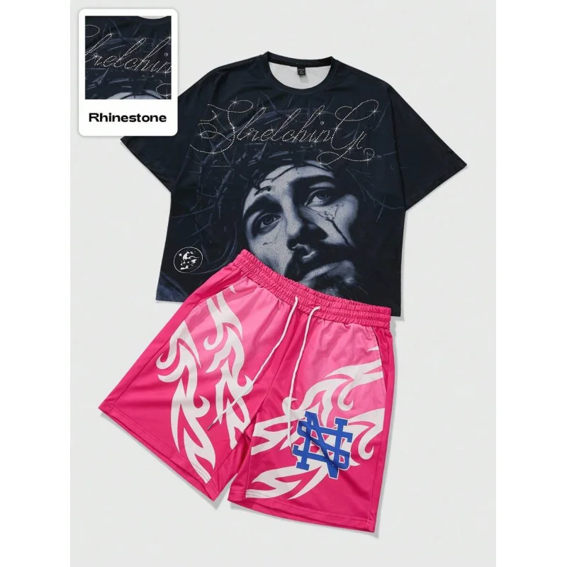 MEN Street Life Men's Street American Jesus Rhinestone Graphic Print Short Sleeve T-Shirt Set Jesus 3D full-body printed design