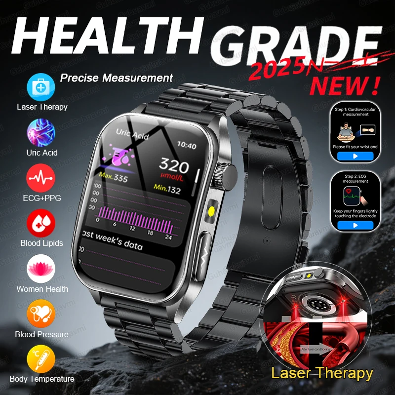 

Non-invasive Health Monitoring Health Grade SmartWatch Laser Therapy Uric Acid Blood Fat ECG Sapphire Glass smartwatches For man