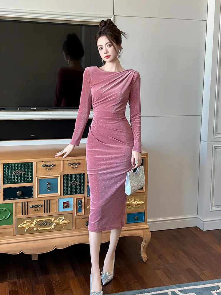 Autumn and Winter New Style French Heavy Industry Hot Diamond Cover-Up Pleated Slim Dress with Long Skirt Inside for Women