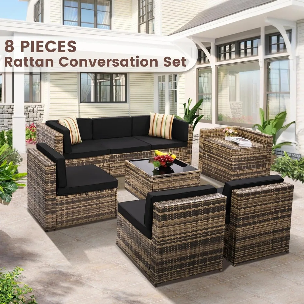 8 Pieces Outdoor Rattan Patio Furniture Sectional Set, Glass Top Table with Hidden Storage, 7 Sofa Sections, Oversized Cushions